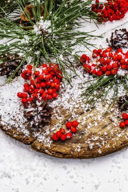 Kırmızı Rowan 'ın eski bir kar kaplı masada olduğu çam tümsekleri ve dallar. Geleneksel kış arkaplanı, kopyalama alanı