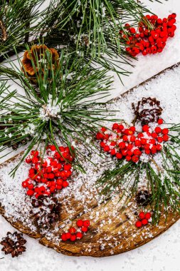 Kırmızı Rowan 'ın eski bir kar kaplı masada olduğu çam tümsekleri ve dallar. Geleneksel kış arkaplanı, kapat