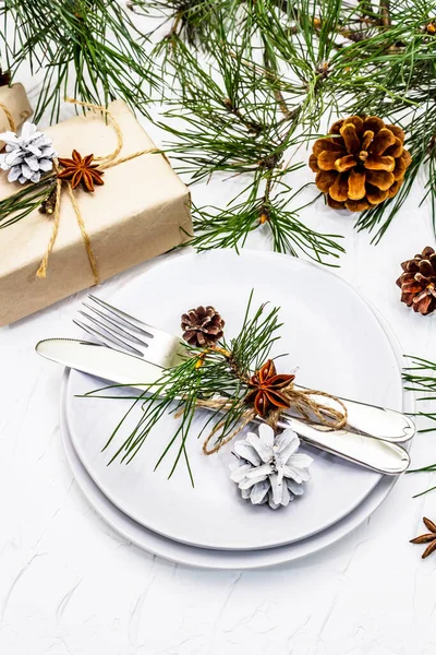 Christmas New Year Table Setting Festive Cutlery Ceramic Plates Fresh — Stock Photo, Image