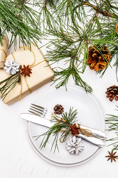 Christmas New Year Table Setting Festive Cutlery Ceramic Plates Fresh — Stock Photo, Image