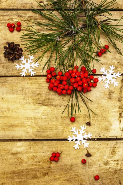 Концепция Рождества Нового Года Свежие Сосновые Ветви Спелые Рябины Снежинки — стоковое фото
