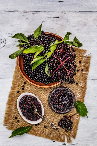 Mermelada Saúco Bayas Maduras Postre Dulce Saludable Medicina Alternativa Estilo — Foto de Stock