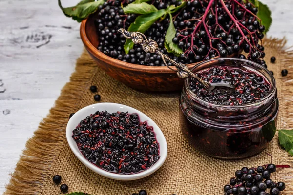 Mermelada Saúco Bayas Maduras Postre Dulce Saludable Medicina Alternativa Estilo — Foto de Stock