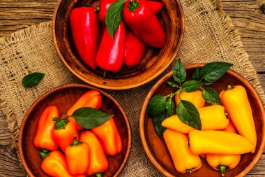 Çok renkli çeşitli bebek biberler: kırmızı, turuncu ve sarı. Taze hasat, sağlıklı yaşam tarzı için sulu ürünler. Eski tahta arka plan, kapat