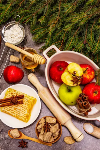 Christmas New Year Apple Pie Baking Concept Healthy Ingredients Evergreen — Stock Photo, Image