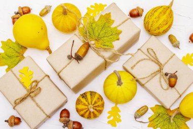 Sıfır atık hediye konsepti, plastik yaşam tarzı yok. Karton kutular, mini balkabakları, meşe palamutları ve dökülen yapraklarla yaratıcı bir sonbahar dekoru. Beyaz macun arka planında Şükran Günü ya da Cadılar Bayramı konsepti, kapat