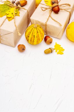Sıfır atık hediye konsepti, plastik yaşam tarzı yok. Karton kutular, mini balkabakları, meşe palamutları ve dökülen yapraklarla yaratıcı bir sonbahar dekoru. Beyaz macun arkaplanı üzerine Şükran Günü veya Cadılar Bayramı konsepti, kopyalama alanı