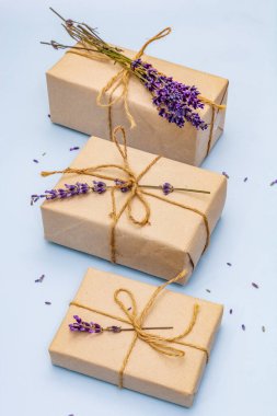 Sıfır atık hediye konsepti. Sanat kutuları ve mis kokulu lavantalar için yaratıcı bir düzenleme. Yumuşak mavi arkaplan, kapat