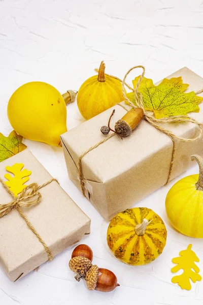 Zero waste gift concept, no plastic life style. Creative autumn decor with paper boxes, mini pumpkins, acorns and fall leaves. Thanksgiving or Halloween concept on white putty background, close up