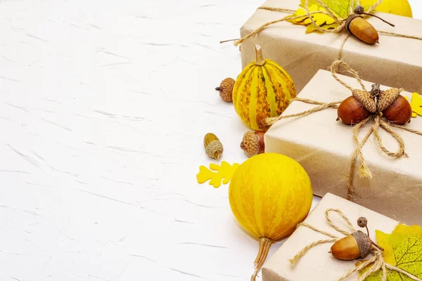 Zero waste gift concept, no plastic life style. Creative autumn decor with paper boxes, mini pumpkins, acorns and fall leaves. Thanksgiving or Halloween concept on white putty background, copy space