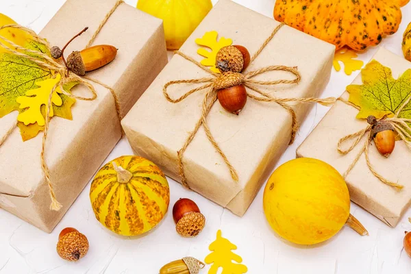 Zero waste gift concept, no plastic life style. Creative autumn decor with paper boxes, mini pumpkins, acorns and fall leaves. Thanksgiving or Halloween concept on white putty background, close up