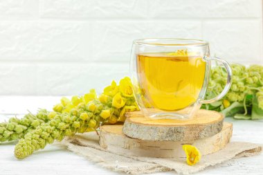 Doğal ahşap zemin üzerinde cam bir bardak Mullein bitkisel çayı ve keten kumaş üzerinde taze sarı Verbascum thapsus çiçekleri. Çevre sağlığı sahnesi, alternatif yaşam tarzı, kopyalama alanı