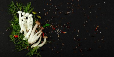 Baharatlı taze Shimeji mantarları ve siyah arka planda bitkiler. Sağlıklı beslenme, gıda konsepti, pankart formatı için vegan içeriği