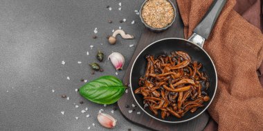 Tavada sarımsak, fesleğen ve baharatla kızartılmış Shimeji mantarı. Koyu bir arka planda, ahşap bir tahtayla servis ediliyor. Vegan yaşam tarzı konsepti, düz yatış, afiş biçimi