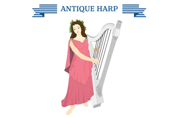 Chica Griega Tocando Arpa Antigua — Vector de stock