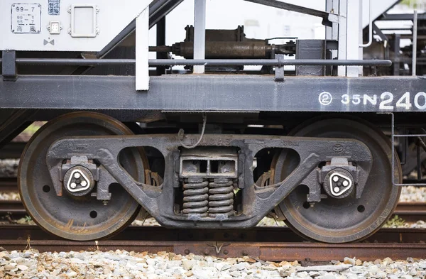 Industrial rail car wheels closeup photo