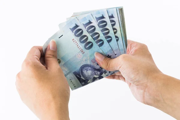 Asiática Mano Hold Taiwanés Billetes Dinero —  Fotos de Stock