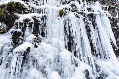 Hehuan Dağı, Tayvan, Asya 'daki kayalıklarda donmuş buz şelaleleri..