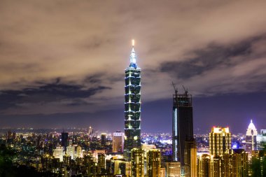 Dağın tepesinden Taipei 'nin günbatımı manzarası. Taipei 101 gökdelenleri ve şehir merkezindeki diğer modern binalar.. 