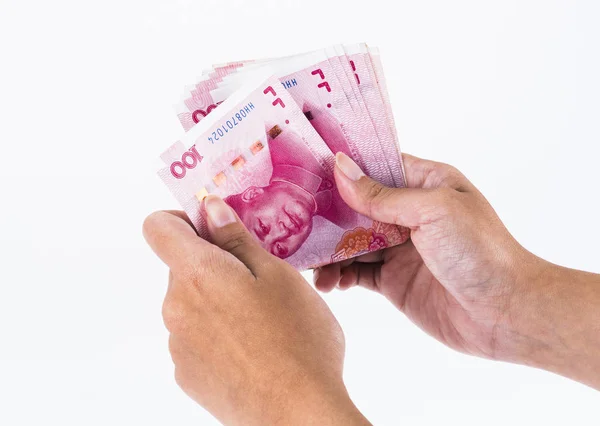 Asiática Mano Hold Chino Rmb Billete Dinero — Foto de Stock