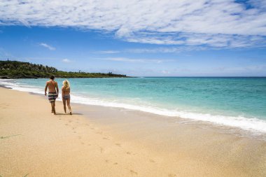 Pingtung, Tayvan 'daki Kenting Ulusal Parkı' nda birlikte yürüyen çift..