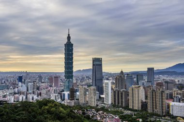 Dağın tepesinden Taipei 'nin günbatımı manzarası. Taipei 101 gökdelenleri ve şehir merkezindeki diğer modern binalar..