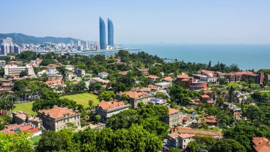 Xiamen, Çin 'deki Gulangyu Adası' nın havadan görünüşü.