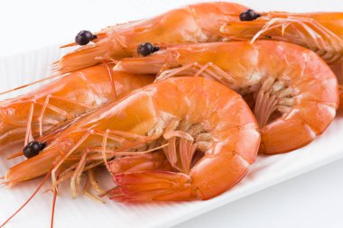 Beyaz arka planda izole edilmiş taze haşlanmış karides yakın plan.