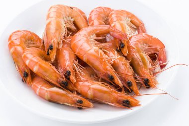 Beyaz arka planda izole edilmiş taze haşlanmış karides yakın plan.