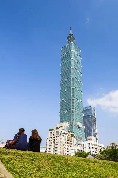 view of Taipei 101 skyscrapers in Taipei, Taiwan. the Xinyi District is a prime shopping area in Taipei, anchored by a number of department stores and malls.