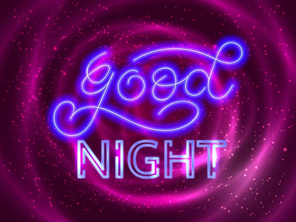 Selamat malam, neon lettering. Latar belakang melingkar. Ilustrasi vektor - Stok Vektor