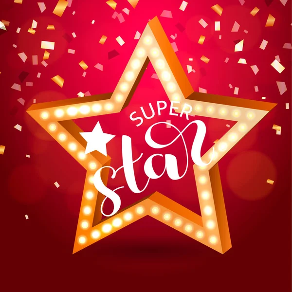 Estrella retro con bombillas sobre fondo rojo. Letras de Super Star. Ilustración vectorial — Vector de stock