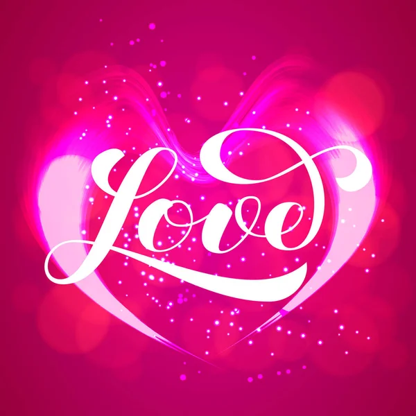 Vector illustration. Shiny heart on pink background. Love brush lettering — Stock Vector