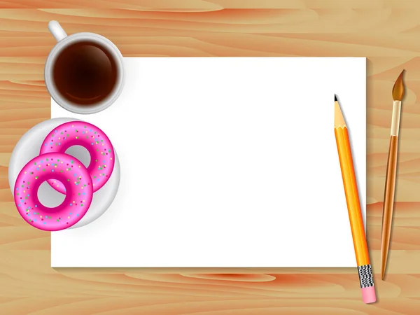 Holztisch mit Kaffee. leeres Blatt Papier. Vektorillustration — Stockvektor