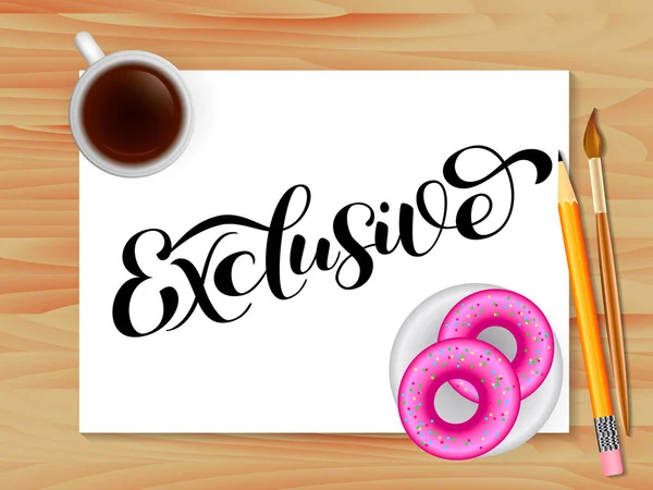 Letras exclusivas. Mesa con café. Ilustración vectorial para tarjeta — Vector de stock