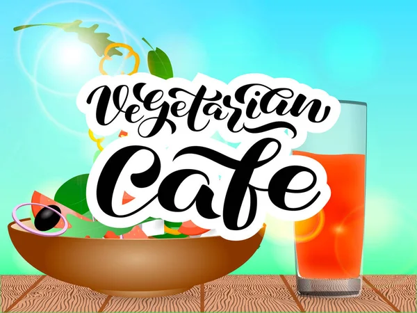 Brun bol plein de salade végétarienne. Lettrage végétarien café. Illustration vectorielle — Image vectorielle