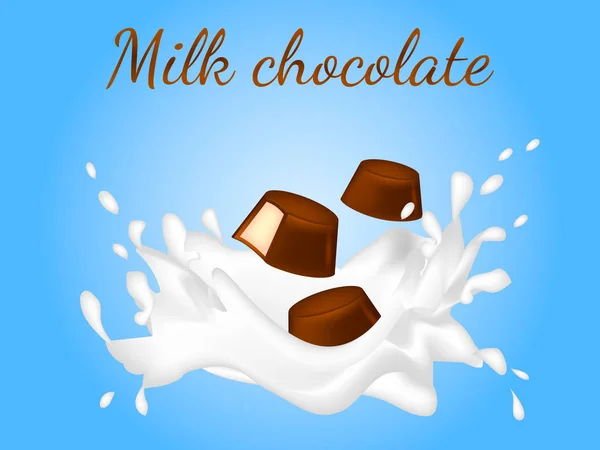 Caramelle al cioccolato al latte con onde di latte astratte. Illustrazione vettoriale . — Vettoriale Stock