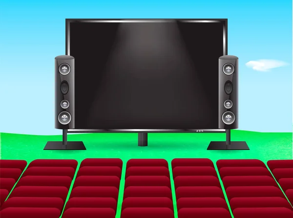 Vector illustrationn. Open air cinema on a summer meadow with empty seats.