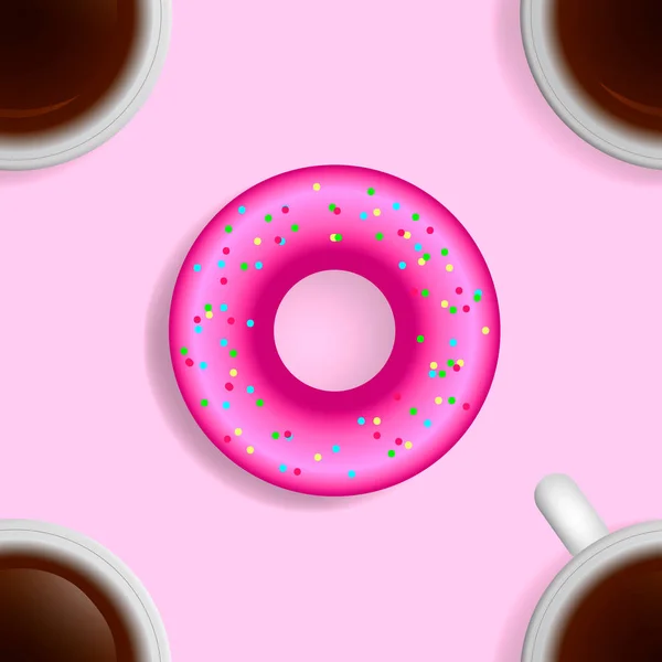 Patrón sin costuras. Rosado donut con taza de café de fondo. Ilustración vectorial — Vector de stock