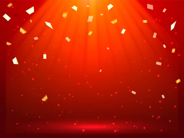 Illustration Vectorielle Confettis Dorés Tombants Sur Fond Rouge Pour Carte — Image vectorielle