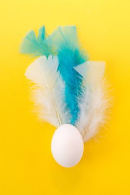 Paskalya yumurtası beyaz tüyleri ile. renkli Paskalya arka plan. Paskalya kartpostal