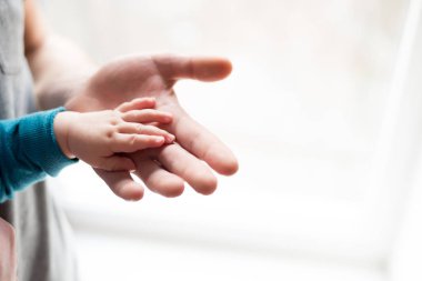 Elele. uyuyan bebek babası yakın çekim el el. Beyaz arka plan üzerinde izole eller