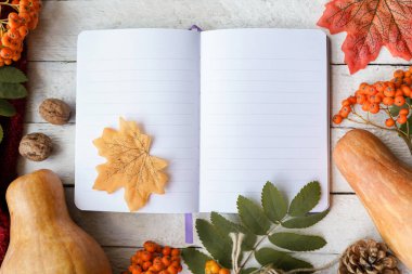 Sonbahar balkabakları, kurumuş yapraklar, defter, beyaz ahşap arka planda ekose. Sonbahar, sonbahar, Cadılar Bayramı konsepti. Düz yatıyordu