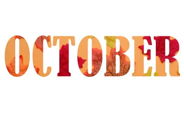 Woord Oktober Tekst Van Kleurrijke Herfst Bladeren Achtergrond Affiche Banner — Stockfoto