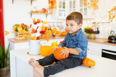 Evdeki mutfakta sonbahar süslemeleriyle oturan tatlı çocuk.