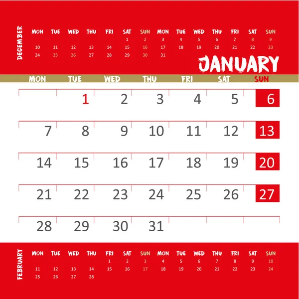 Calendário Vetorial 2019 Vermelho Dourado — Vetor de Stock