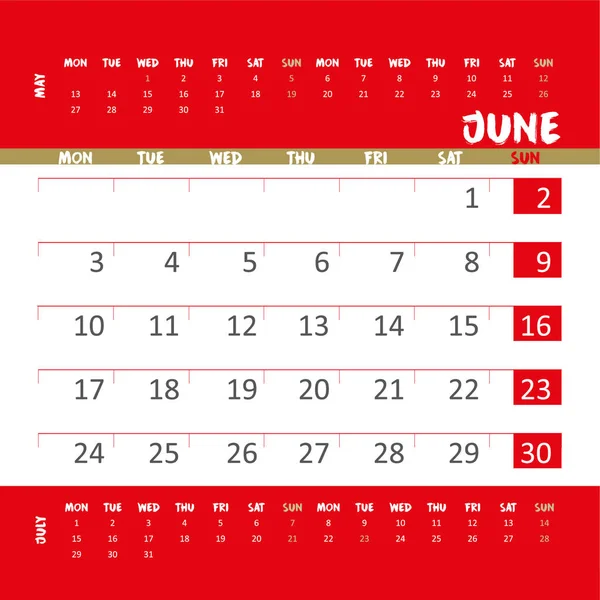 Calendário Vetorial 2019 Vermelho Dourado — Vetor de Stock