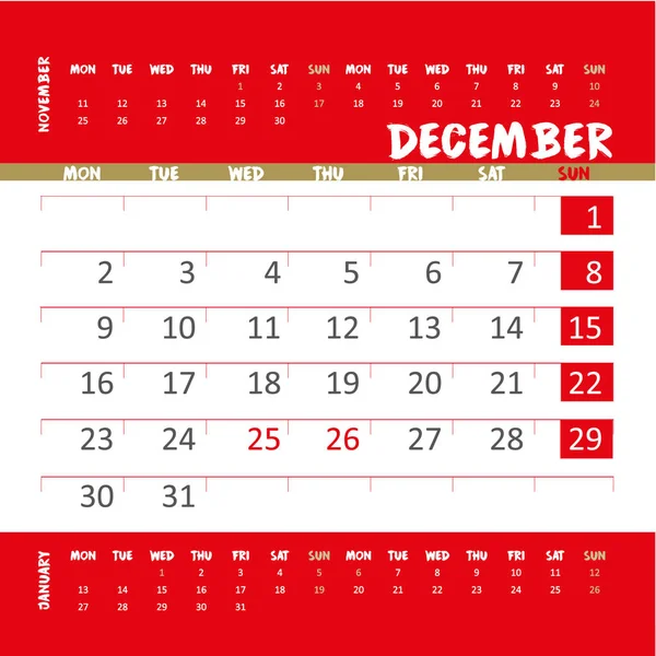 ベクトルのカレンダー 2019 赤と金 — ストックベクタ