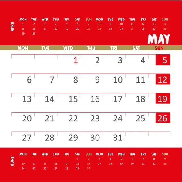 Calendário Vetorial 2019 Vermelho Dourado — Vetor de Stock