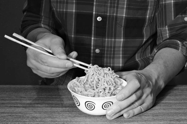 Men Hands Hold Noodles Chopsticks Chinese Noodles Sticks Hands — Stock Photo, Image